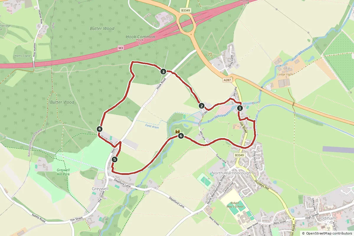 Map of the The Mill House, Butter Wood and Greywell Tunnel walk, with the route in red and numbered points