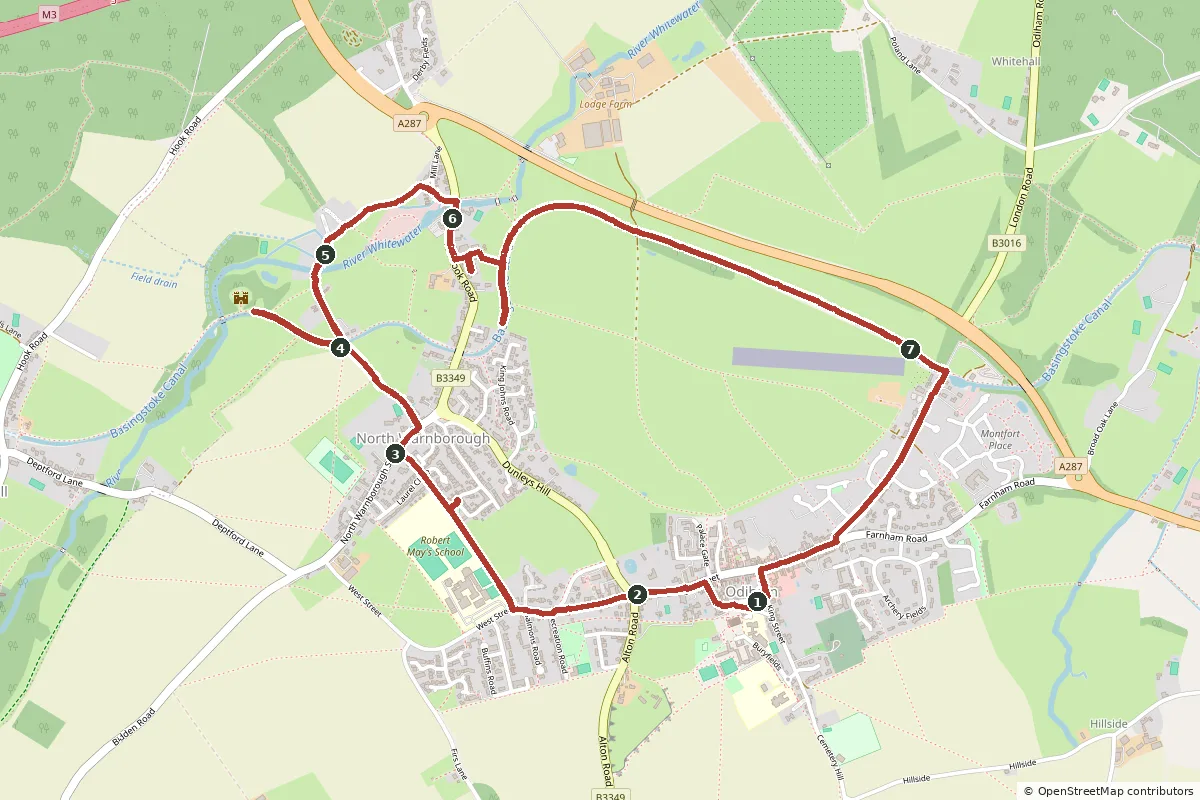 Map of the Odiham, North Warnborough and King John's Castle walk, with the route in red and numbered points