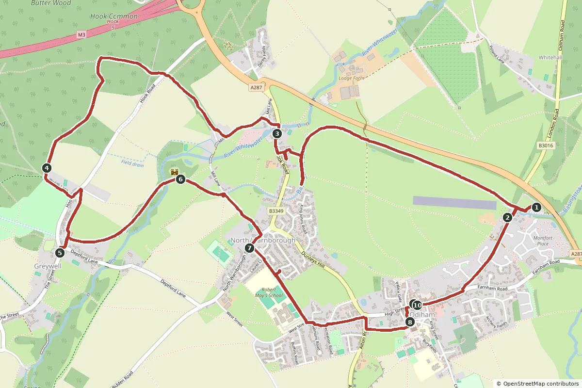 Map of the Odiham Trail and Ale walk, with the route in red and numbered points