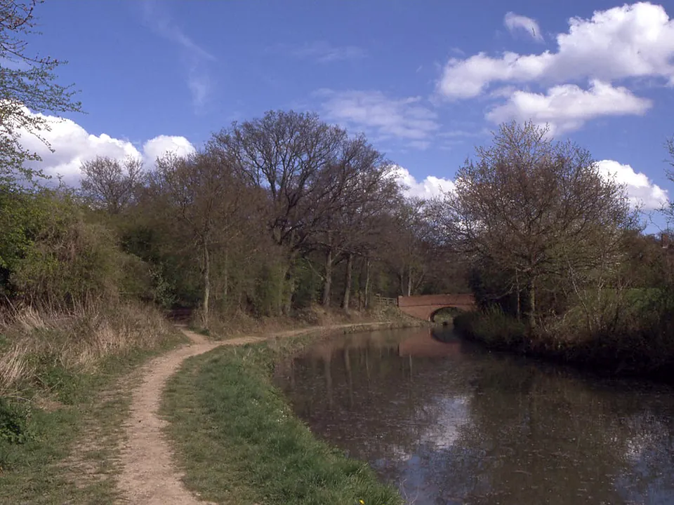 Broad Oak Bridge, a brick arch over the Basingstoke Canal, reflected in the water among trees